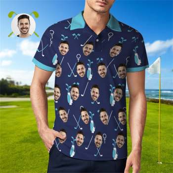 Polo Bleu Visage Personnalisé Pour Hommes Chemises De Golf Personnalisées - votrecollierprenomfr