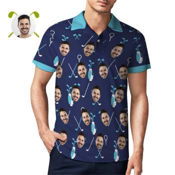 Polo Bleu Visage Personnalisé Pour Hommes Chemises De Golf Personnalisées - votrecollierprenomfr