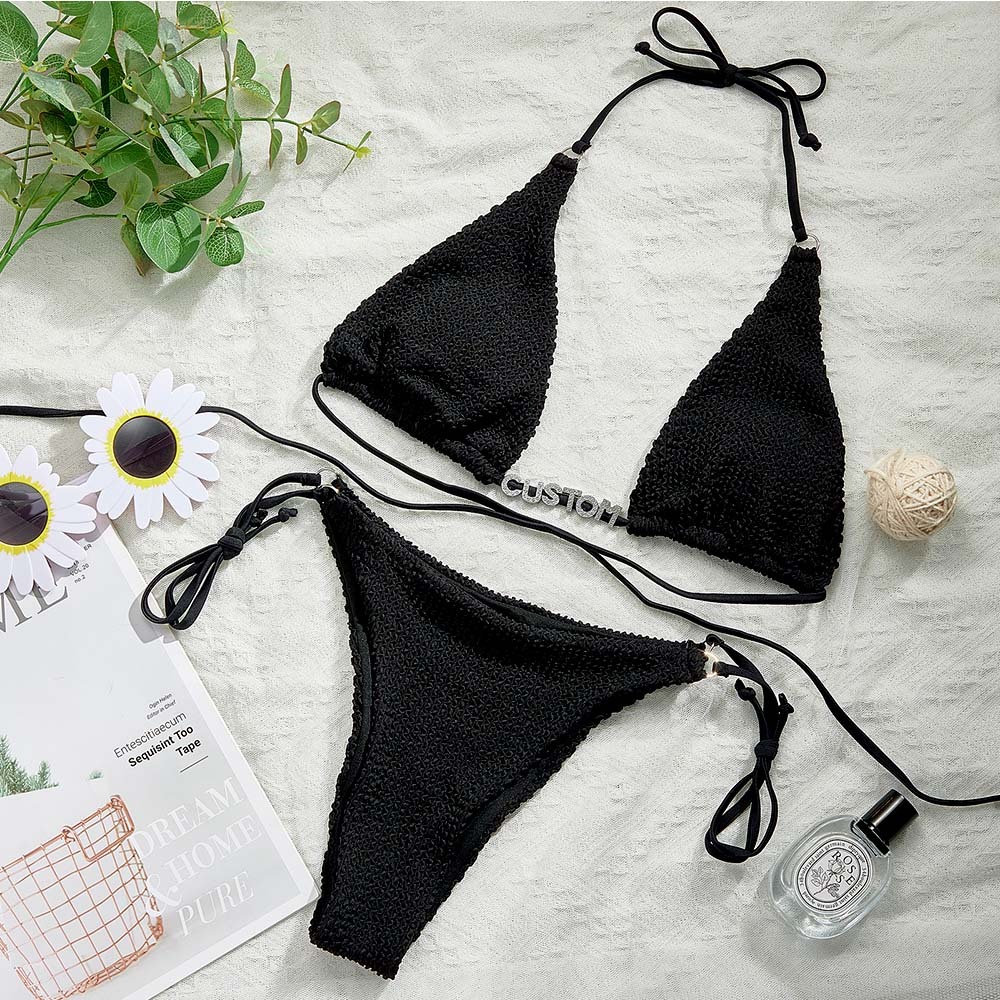 Nom Personnalisé Taille Bande Licou Triangle Cravate Côté Bikini Ensembles Personnalisé Bricolage Cristal Lettres Bikini - votrecollierprenomfr