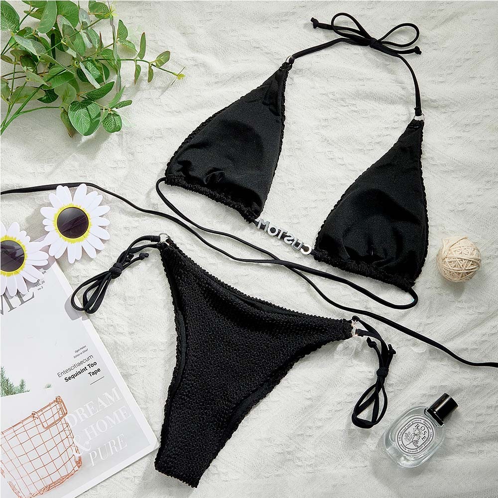 Nom Personnalisé Taille Bande Licou Triangle Cravate Côté Bikini Ensembles Personnalisé Bricolage Cristal Lettres Bikini - votrecollierprenomfr