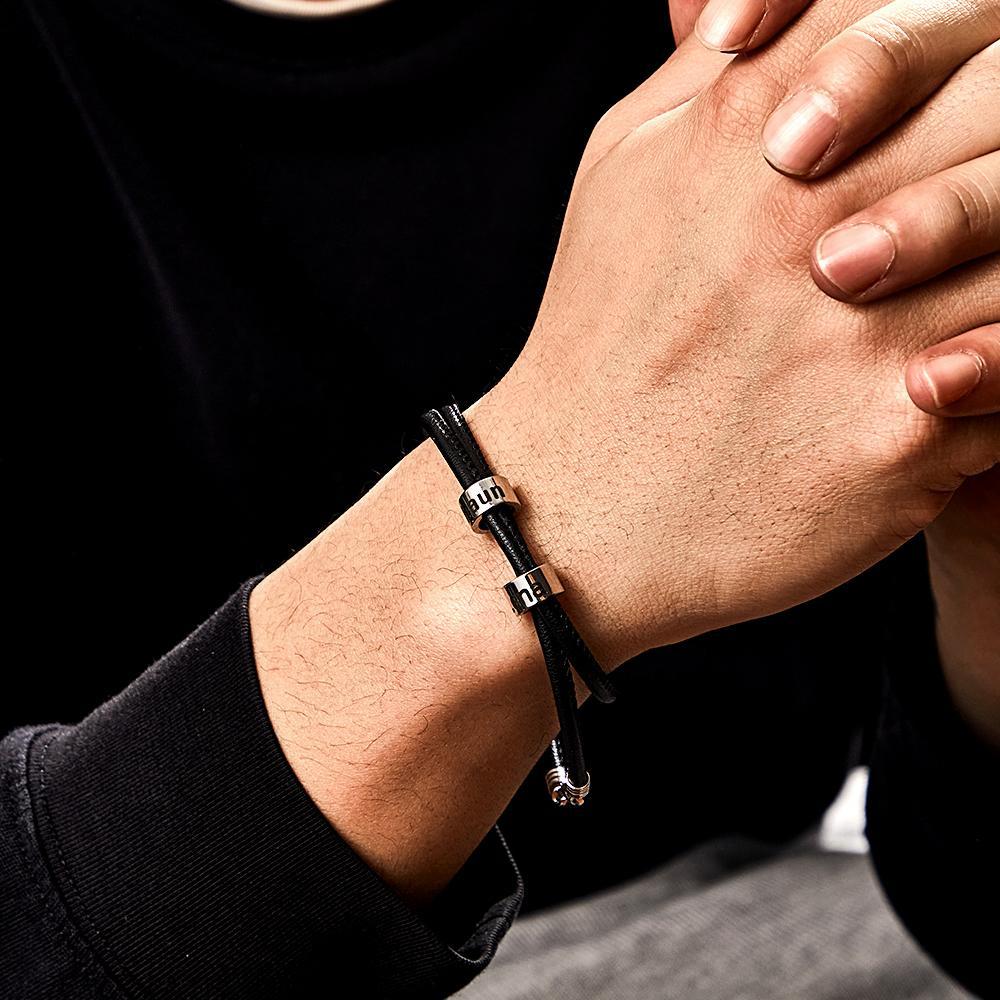 Bracelet De Perles Gravées Personnalisées Pour Hommes Cadeaux En Cuir Noir Tressé - votrecollierprenomfr
