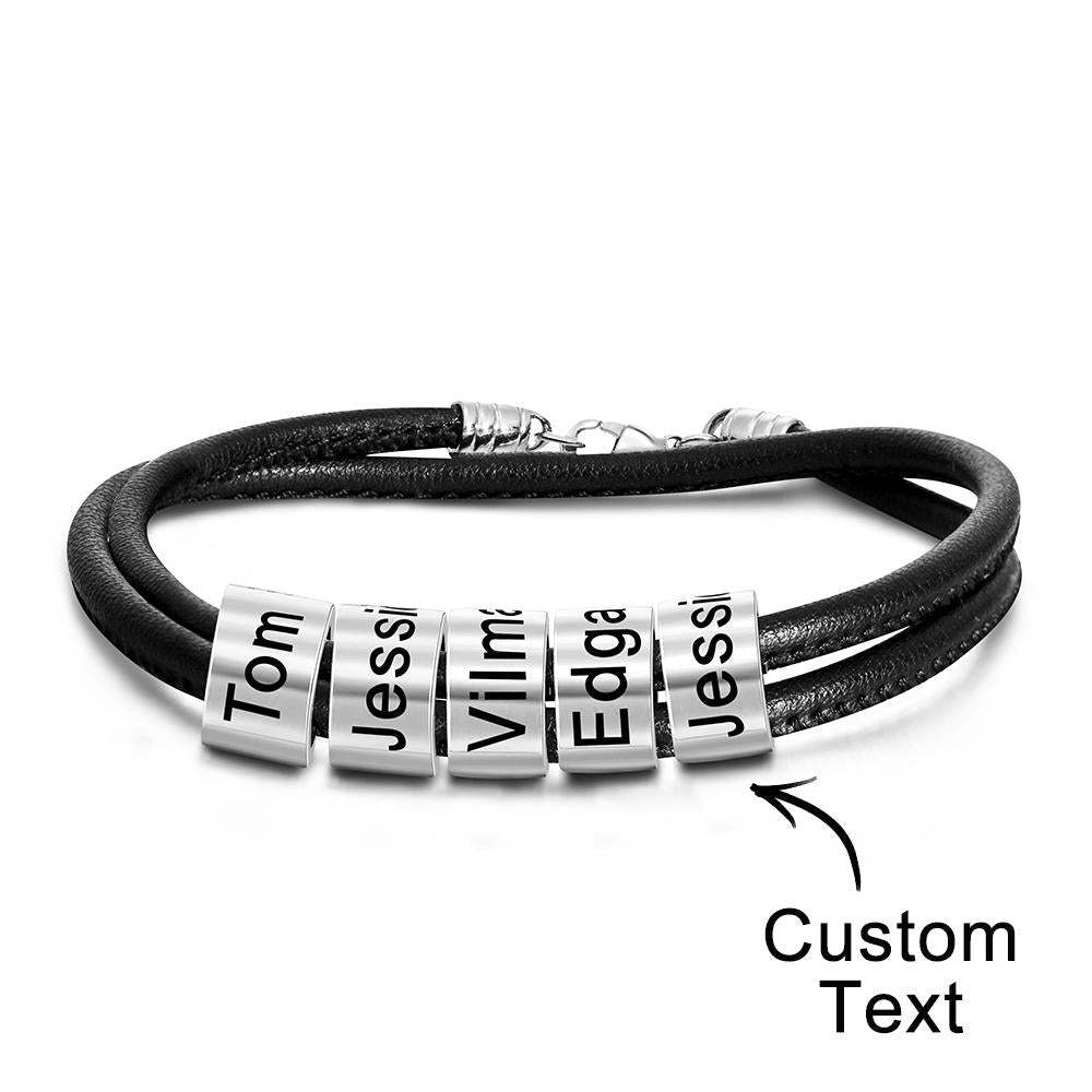 Bracelet De Perles Gravées Personnalisées Pour Hommes Cadeaux En Cuir Noir Tressé - votrecollierprenomfr