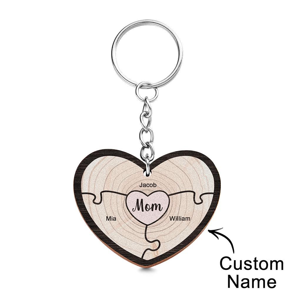 Porte-clés Gravé Personnalisé Coeur En Bois Cadeaux De Puzzle Créatifs Pour Grand-mère - votrecollierprenomfr
