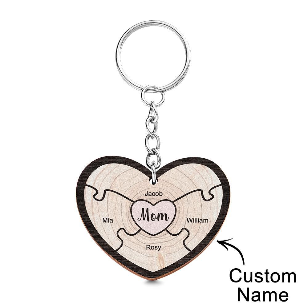 Porte-clés Gravé Personnalisé Coeur En Bois Cadeaux De Puzzle Créatifs Pour Grand-mère - votrecollierprenomfr
