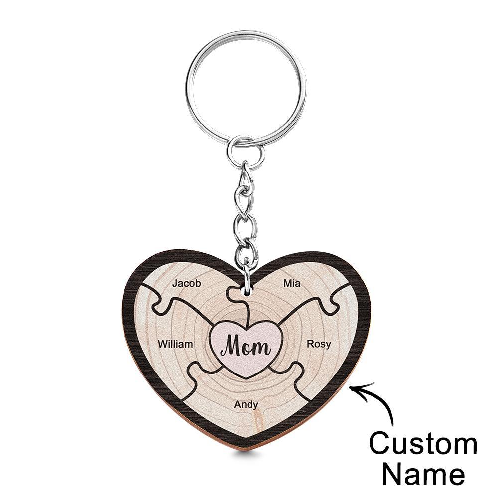 Porte-clés Gravé Personnalisé Coeur En Bois Cadeaux De Puzzle Créatifs Pour Grand-mère - votrecollierprenomfr