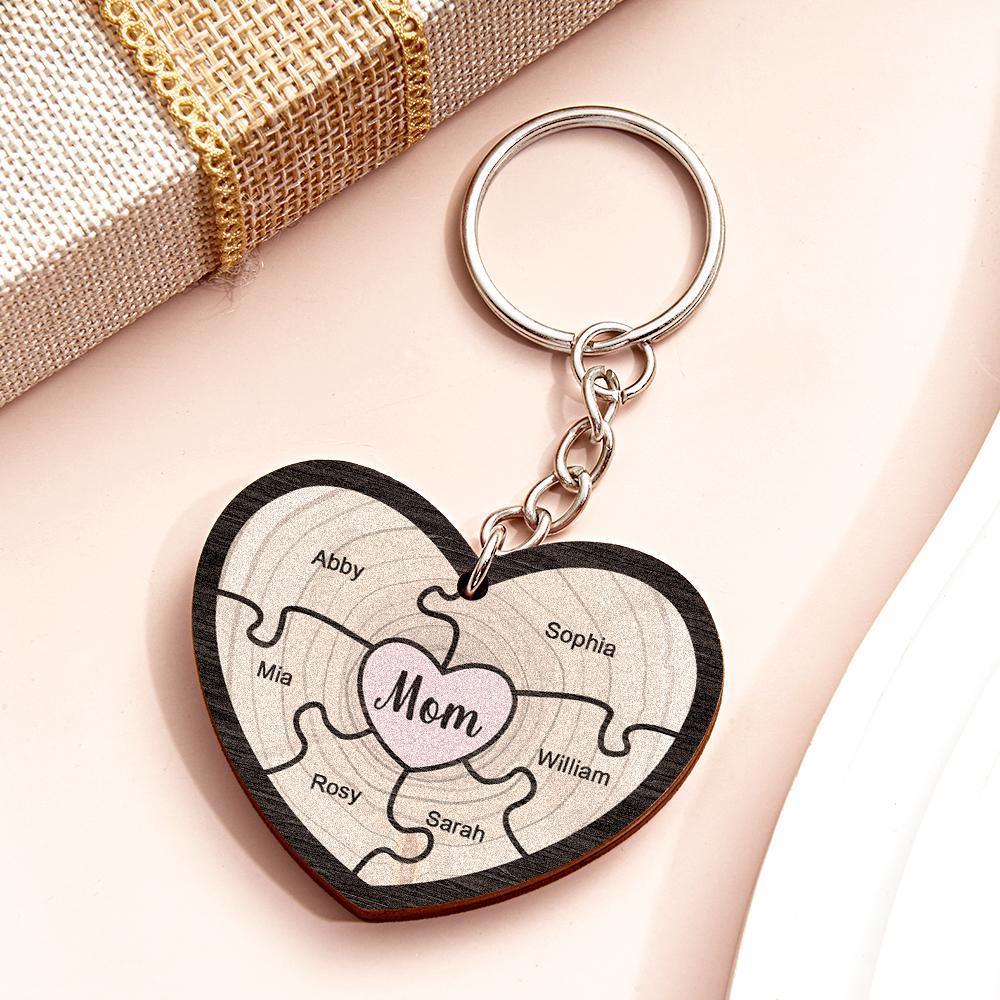 Porte-clés Gravé Personnalisé Coeur En Bois Cadeaux De Puzzle Créatifs Pour Grand-mère - votrecollierprenomfr