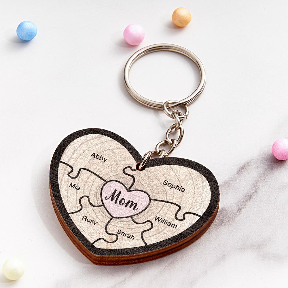 Porte-clés Gravé Personnalisé Coeur En Bois Cadeaux De Puzzle Créatifs Pour Grand-mère - votrecollierprenomfr