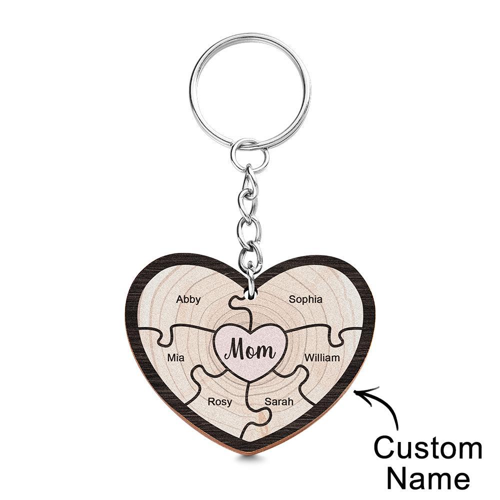 Porte-clés Gravé Personnalisé Coeur En Bois Cadeaux De Puzzle Créatifs Pour Grand-mère - votrecollierprenomfr