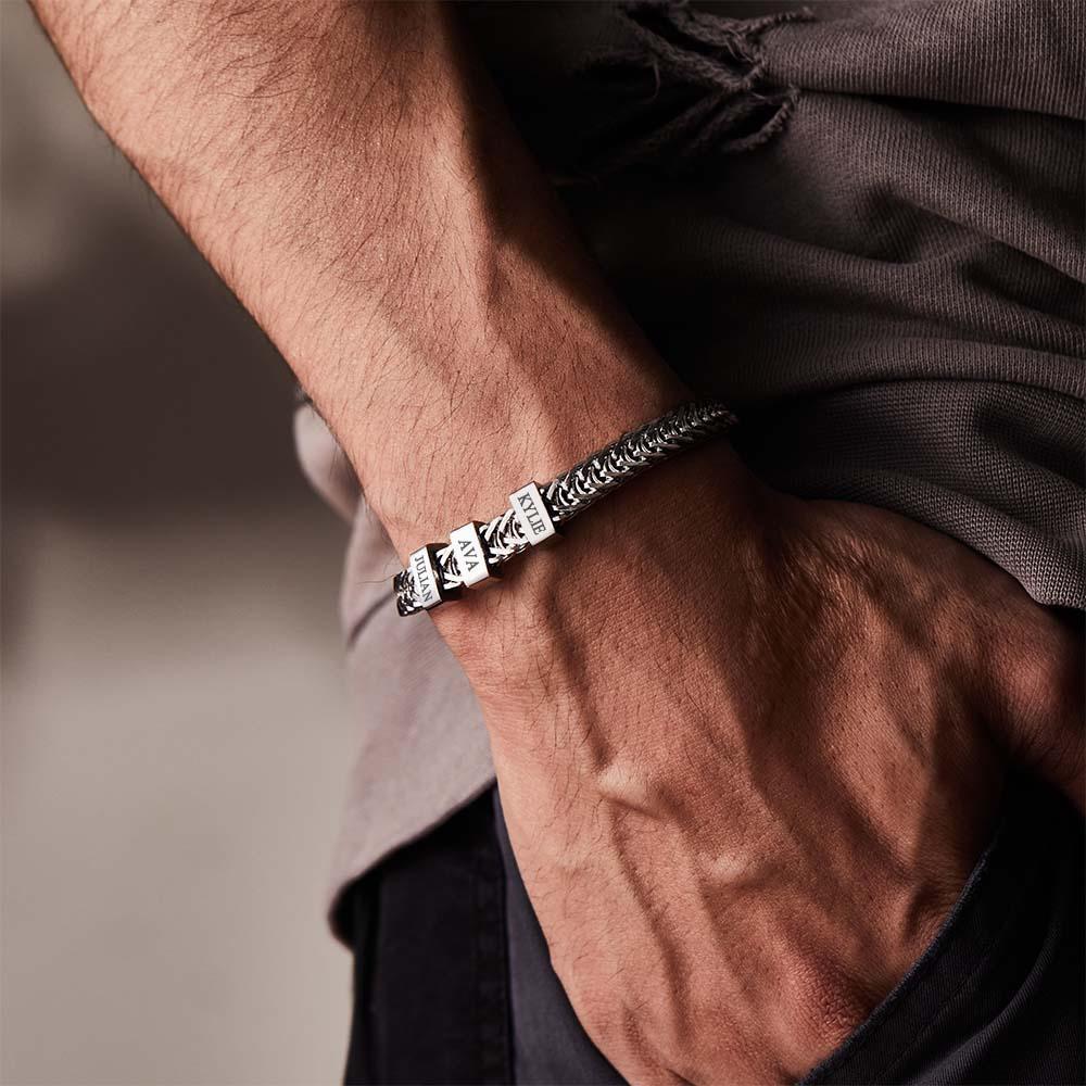 Bracelet De Perles Pour Homme Gravé Personnalisé Éléments Personnalisés Bracelet Large Cadeau De Fête Des Pères - votrecollierprenomfr