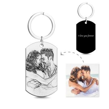 Personalized Round  Engraved Photo Necklace Silver RetroPorte-clés Tag Gravé avec Gravure Noir