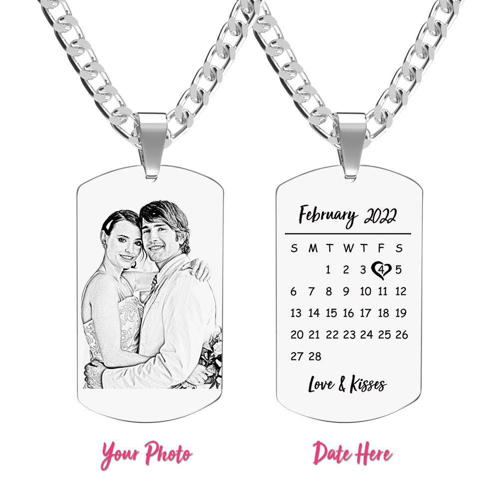Collier Personnalisé En Acier Inoxydable Avec Date Spéciale Et Pendentif Photo Dog Tag Men's Calendar - votrecollierprenomfr