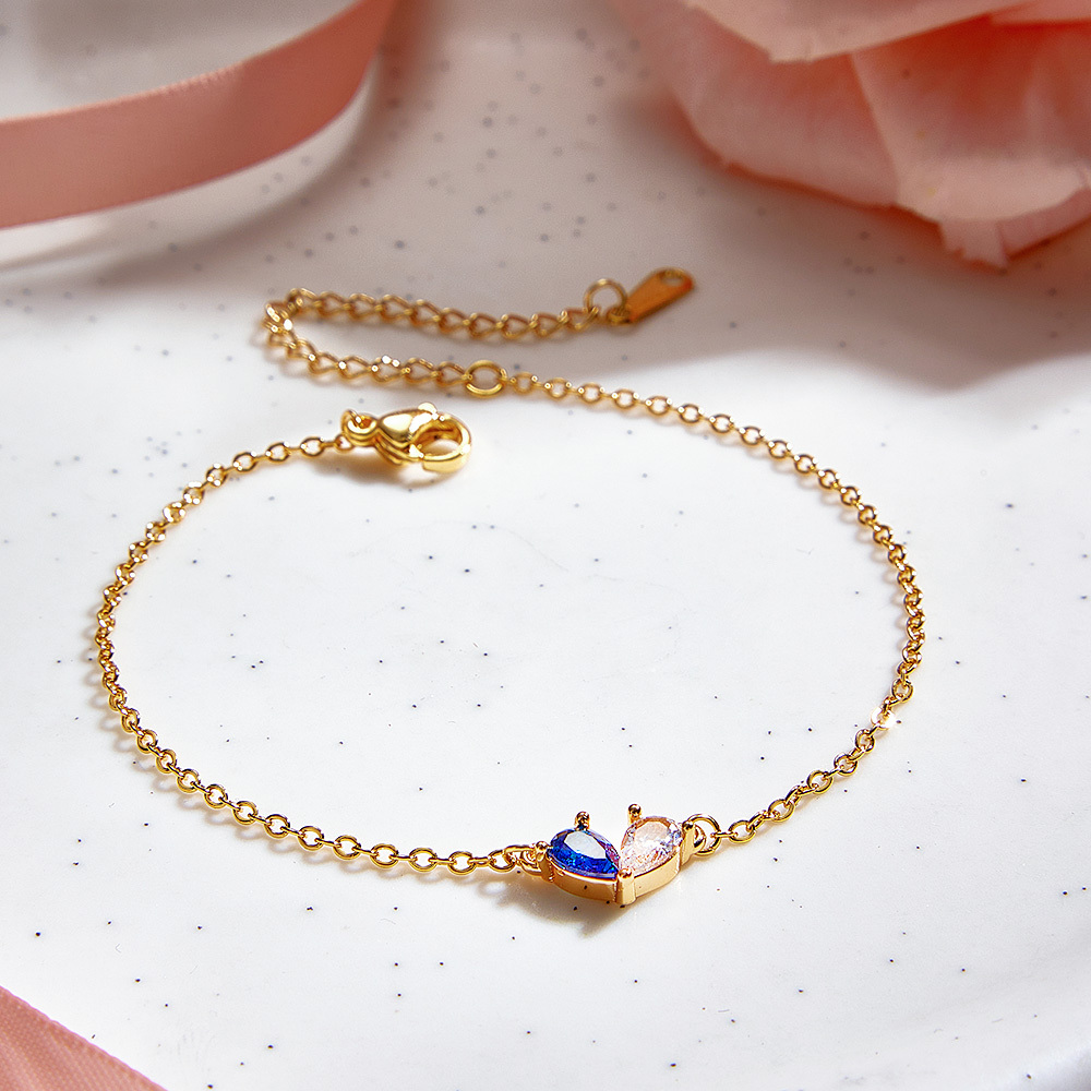 Bracelet Cœur Personnalisé Avec Pierres De Naissance Pour Couple - Bracelet Ajustable Avec Deux Pierres De Naissance Assorties - votrecollierprenomfr