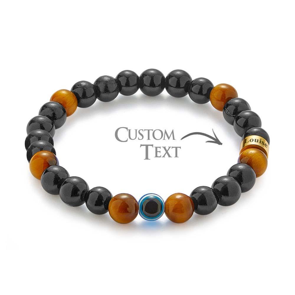 Bracelet Gravé Personnalisé Pour Hommes, Œil Maléfique, Œil De Tigre Doré Et Amulette En Perles D'onyx Noir - votrecollierprenomfr