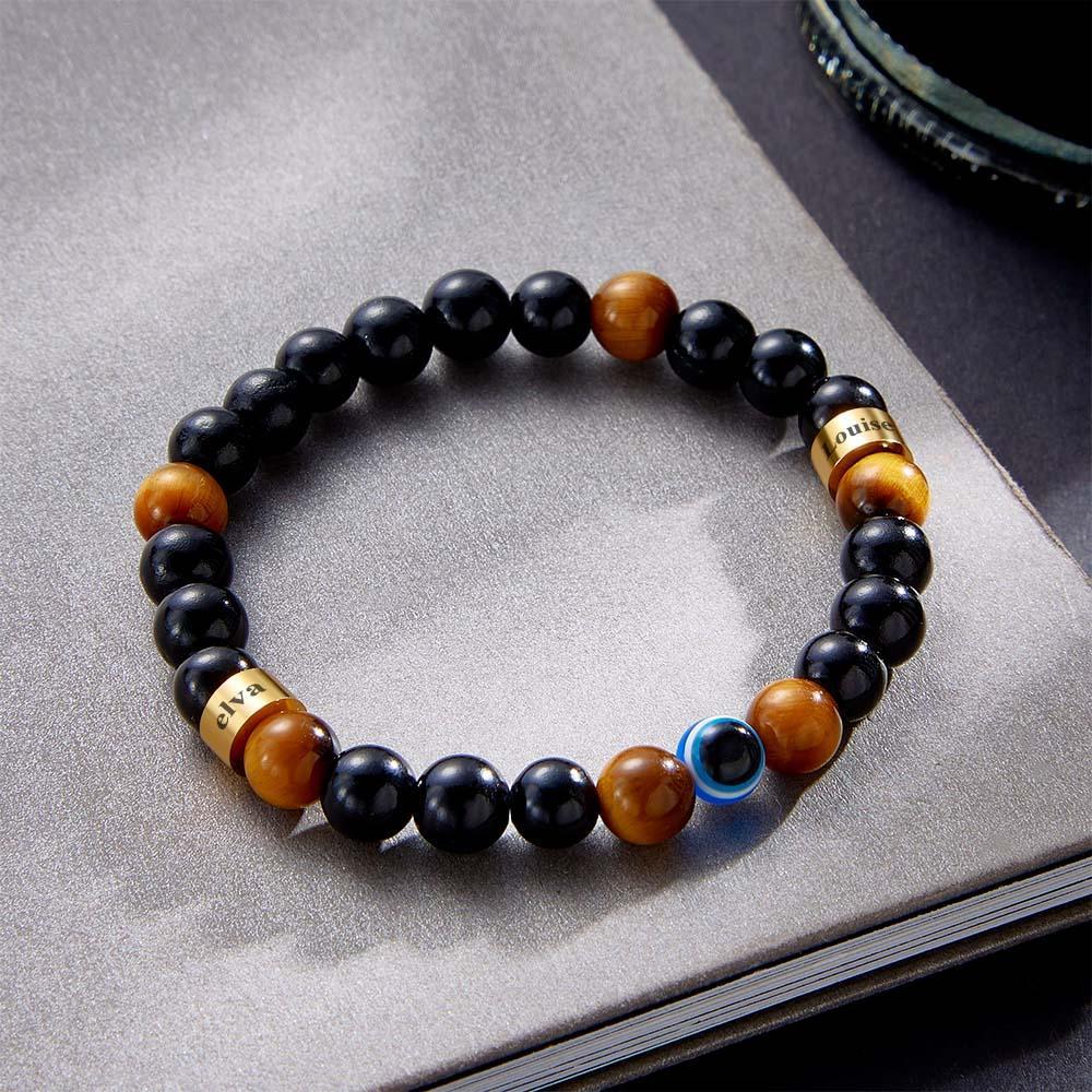 Bracelet Gravé Personnalisé Pour Hommes, Œil Maléfique, Œil De Tigre Doré Et Amulette En Perles D'onyx Noir - votrecollierprenomfr