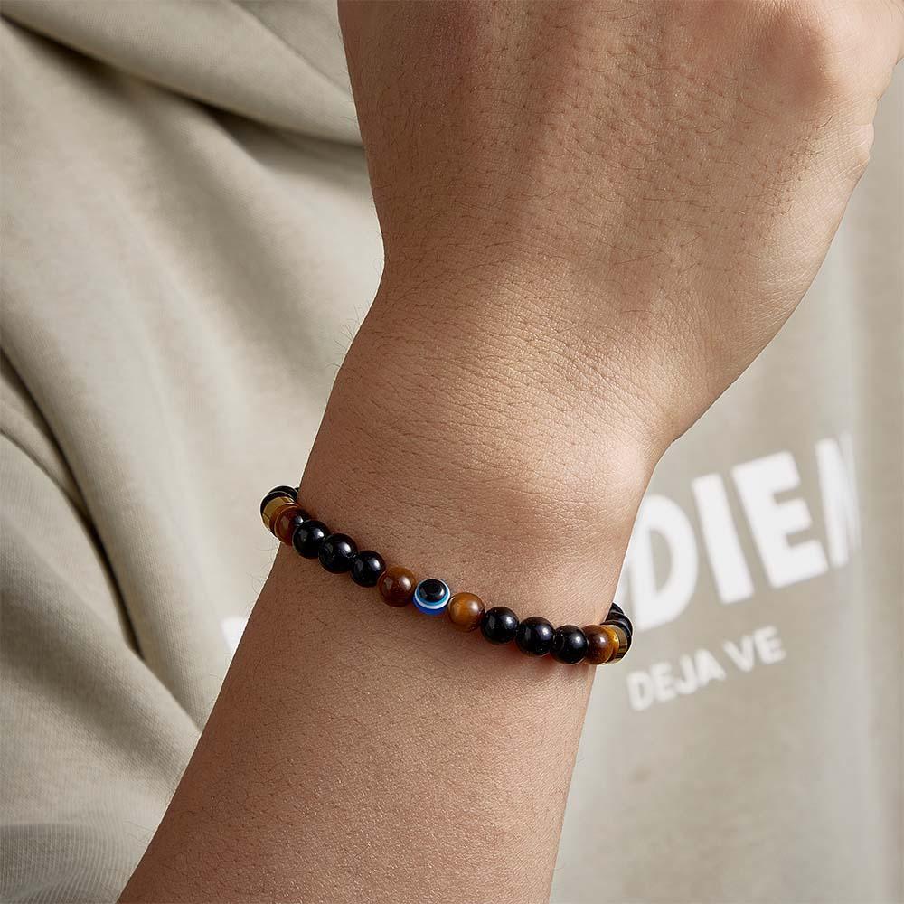 Bracelet Gravé Personnalisé Pour Hommes, Œil Maléfique, Œil De Tigre Doré Et Amulette En Perles D'onyx Noir - votrecollierprenomfr