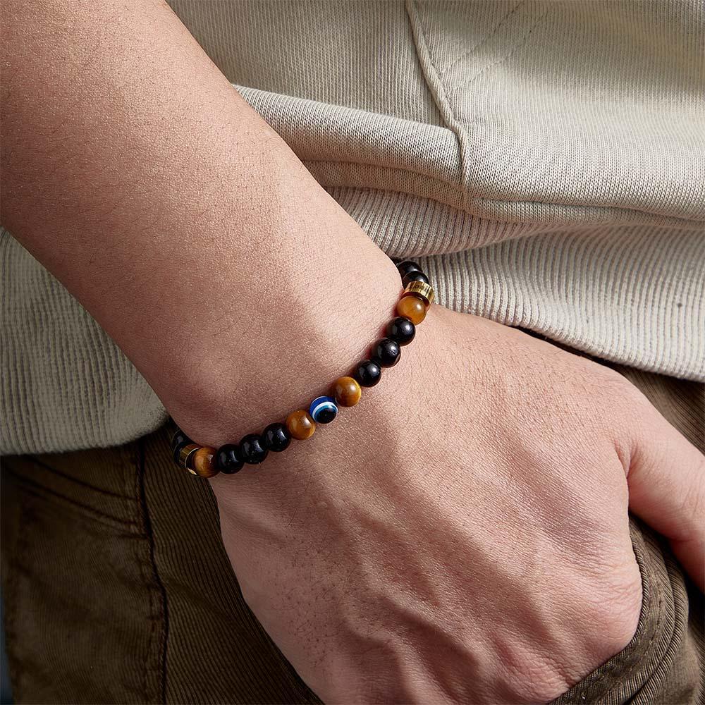 Bracelet Gravé Personnalisé Pour Hommes, Œil Maléfique, Œil De Tigre Doré Et Amulette En Perles D'onyx Noir - votrecollierprenomfr