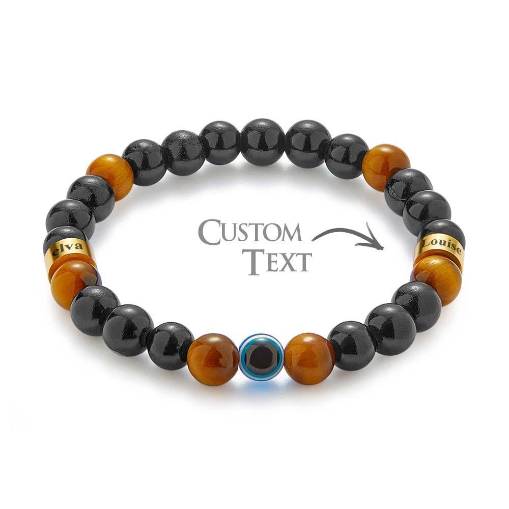 Bracelet Gravé Personnalisé Pour Hommes, Œil Maléfique, Œil De Tigre Doré Et Amulette En Perles D'onyx Noir - votrecollierprenomfr