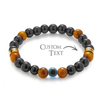 Bracelet Gravé Personnalisé Pour Hommes, Œil Maléfique, Œil De Tigre Doré Et Amulette En Perles D'onyx Noir - votrecollierprenomfr