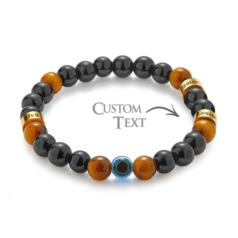 Bracelet Gravé Personnalisé Pour Hommes, Œil Maléfique, Œil De Tigre Doré Et Amulette En Perles D'onyx Noir - votrecollierprenomfr