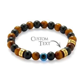 Bracelet Amulette Gravé Personnalisé Mauvais Œil Or Œil De Tigre Bracelet En Perles D'onyx Noir Pour Hommes - votrecollierprenomfr