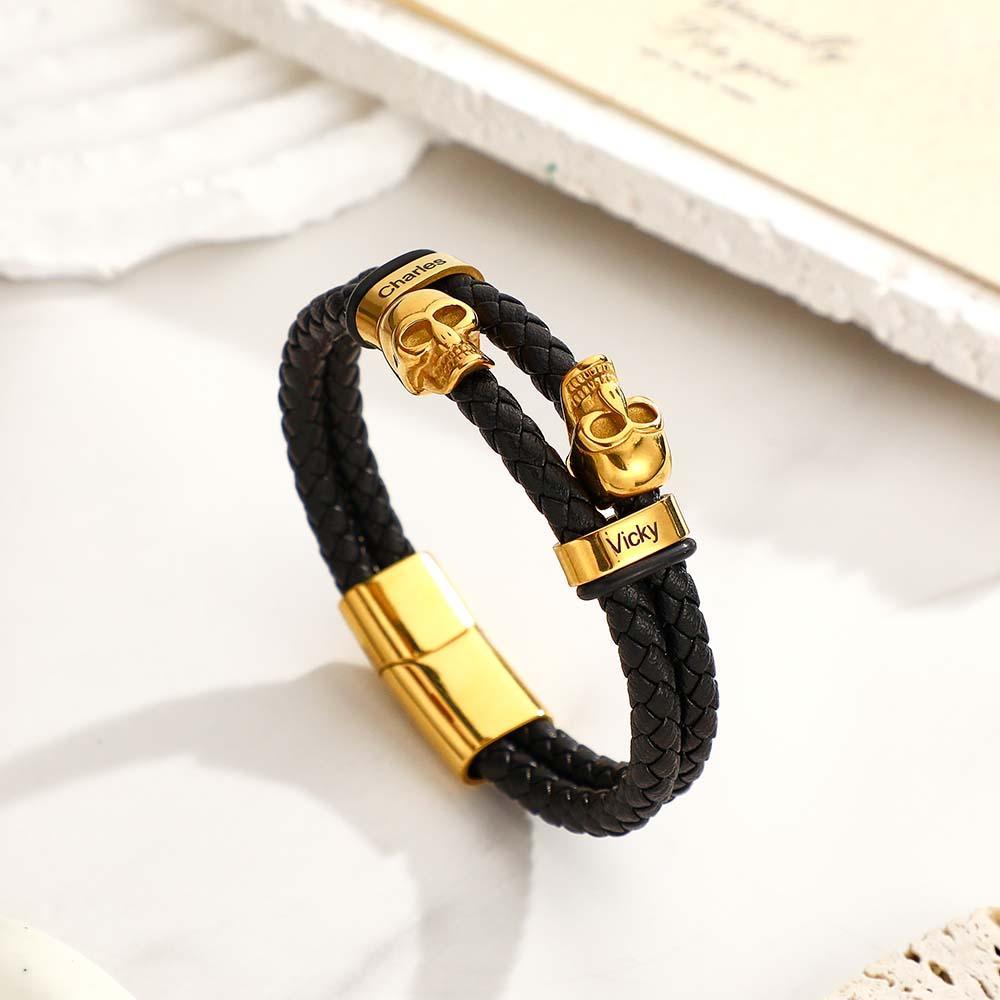 Bracelet En Cuir Avec Photo De Crâne Personnalisé, Bracelet Tressé Multicouche Gravé, Cadeaux Pour Hommes - votrecollierprenomfr