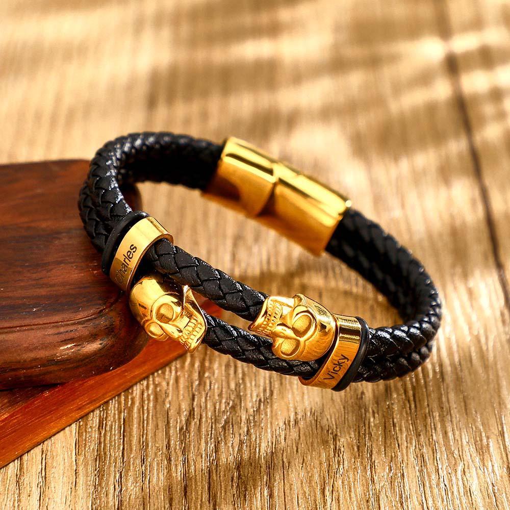 Bracelet En Cuir Avec Photo De Crâne Personnalisé, Bracelet Tressé Multicouche Gravé, Cadeaux Pour Hommes - votrecollierprenomfr