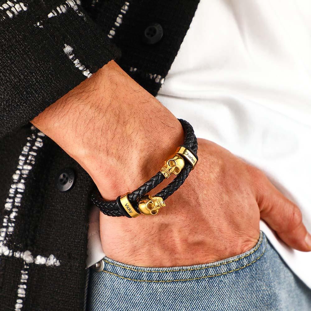Bracelet En Cuir Avec Photo De Crâne Personnalisé, Bracelet Tressé Multicouche Gravé, Cadeaux Pour Hommes - votrecollierprenomfr