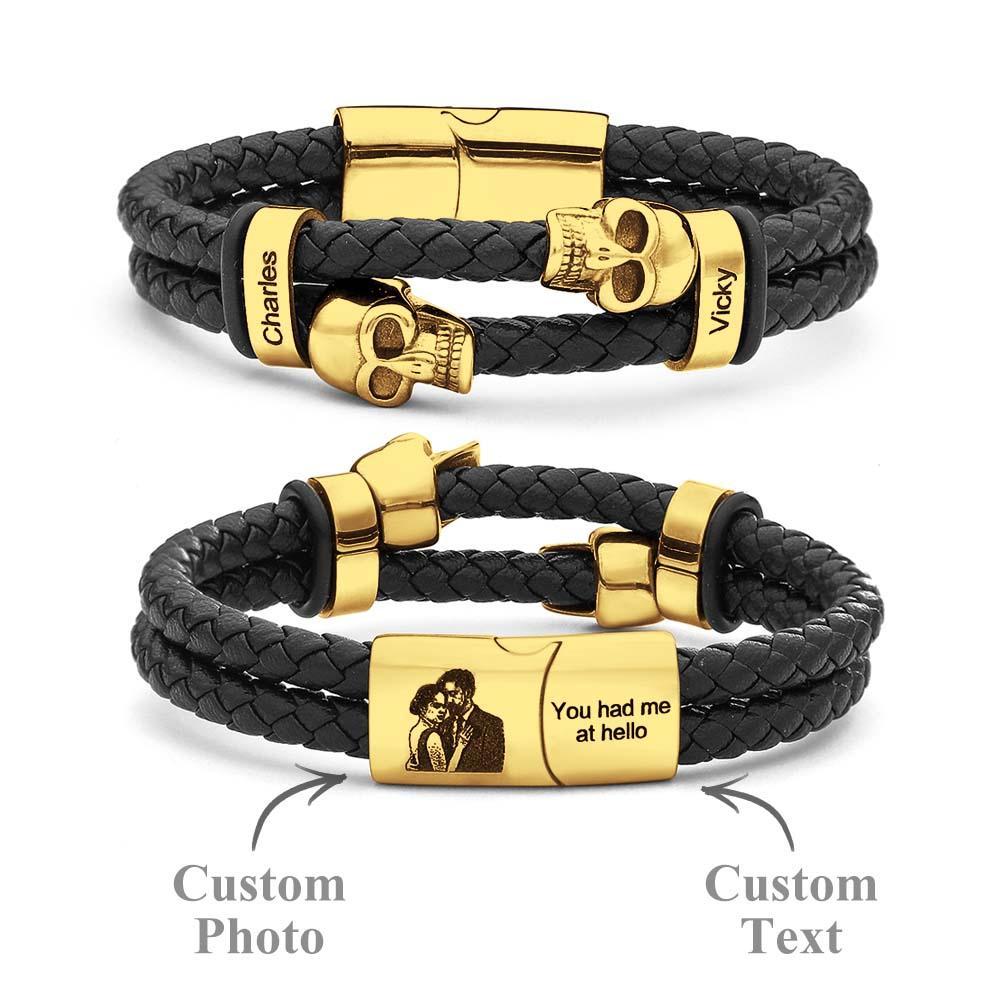 Bracelet En Cuir Avec Photo De Crâne Personnalisé, Bracelet Tressé Multicouche Gravé, Cadeaux Pour Hommes - votrecollierprenomfr