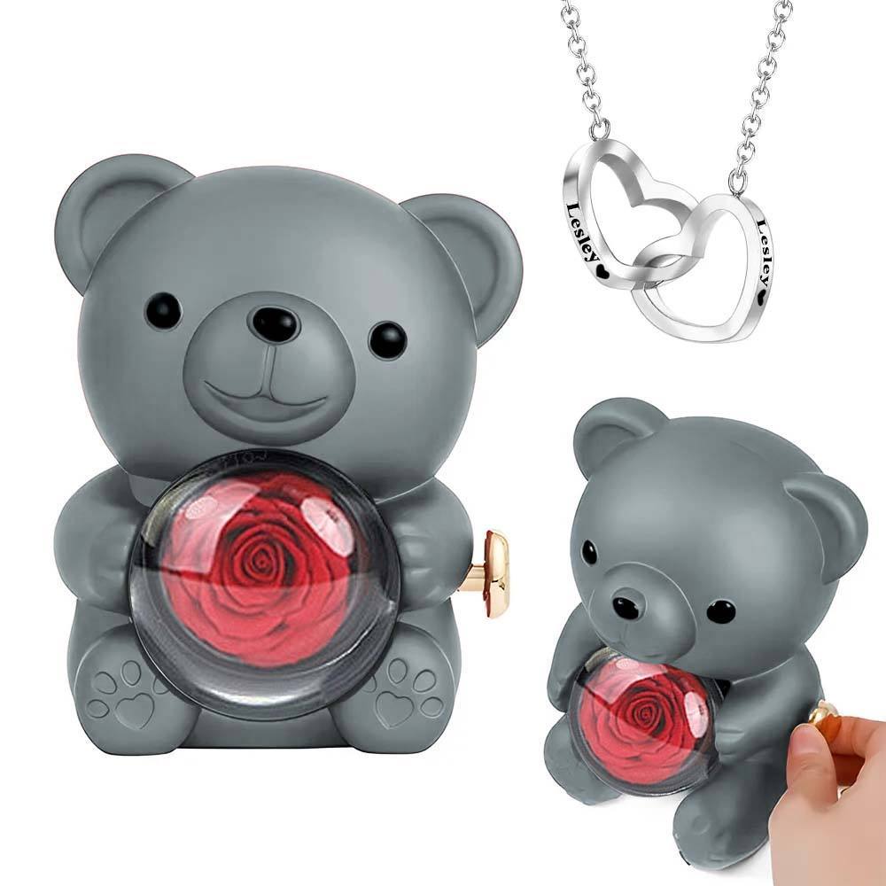 Collier Cœur Gravé Avec Véritable Rose, Coffret Cadeau Ours En Rose, Coffret Cadeau Pour Bijoux - votrecollierprenomfr