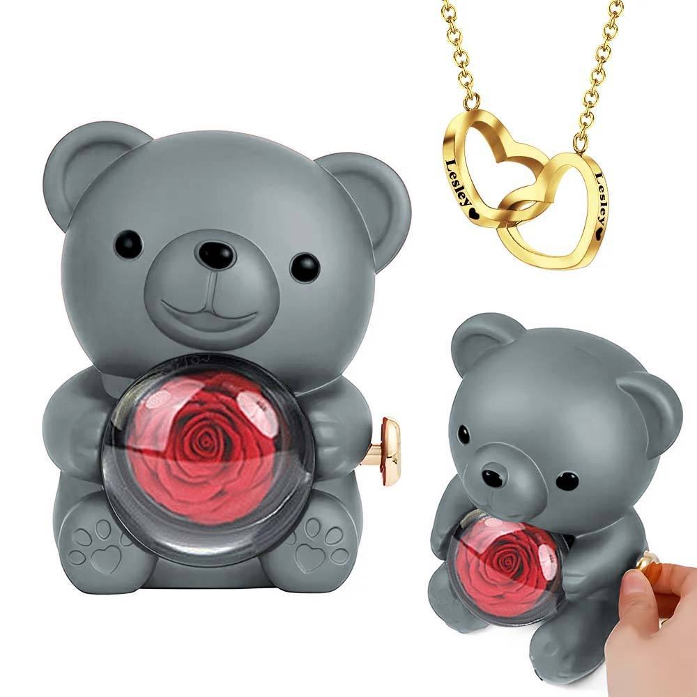 Collier Cœur Gravé Avec Véritable Rose, Coffret Cadeau Ours En Rose, Coffret Cadeau Pour Bijoux - votrecollierprenomfr