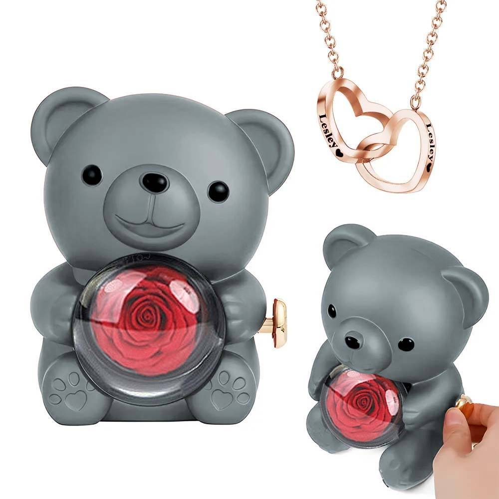 Collier Cœur Gravé Avec Véritable Rose, Coffret Cadeau Ours En Rose, Coffret Cadeau Pour Bijoux - votrecollierprenomfr