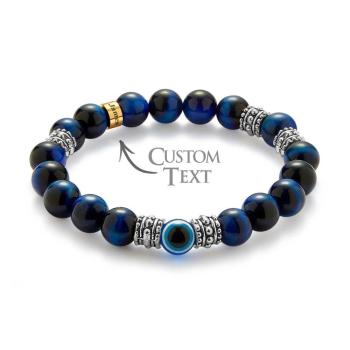 Bracelet De Perles Gravé Personnalisé Pour Hommes, Amulette En Œil De Tigre Bleu Mauvais Œil - votrecollierprenomfr