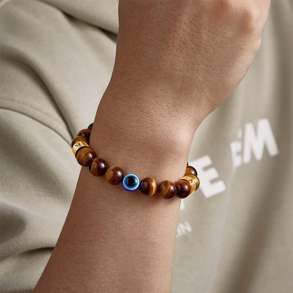 Bracelet Gravé Personnalisé Amulette Mauvais Œil Or Œil De Tigre Bracelet Perlé Pour Hommes - votrecollierprenomfr