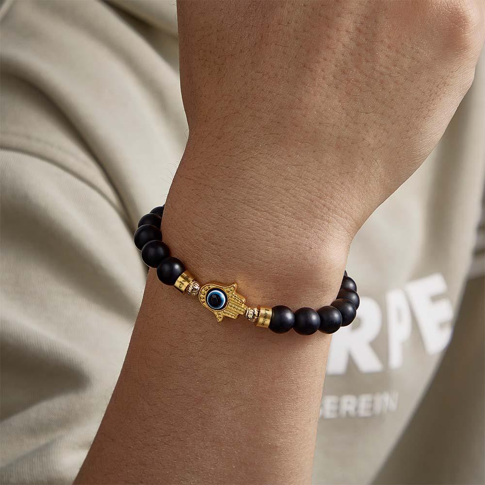 Bracelet De Perles Gravé Personnalisé Hamsa Evil Eye Bracelet Amulette Pour Hommes Pour Lui - votrecollierprenomfr