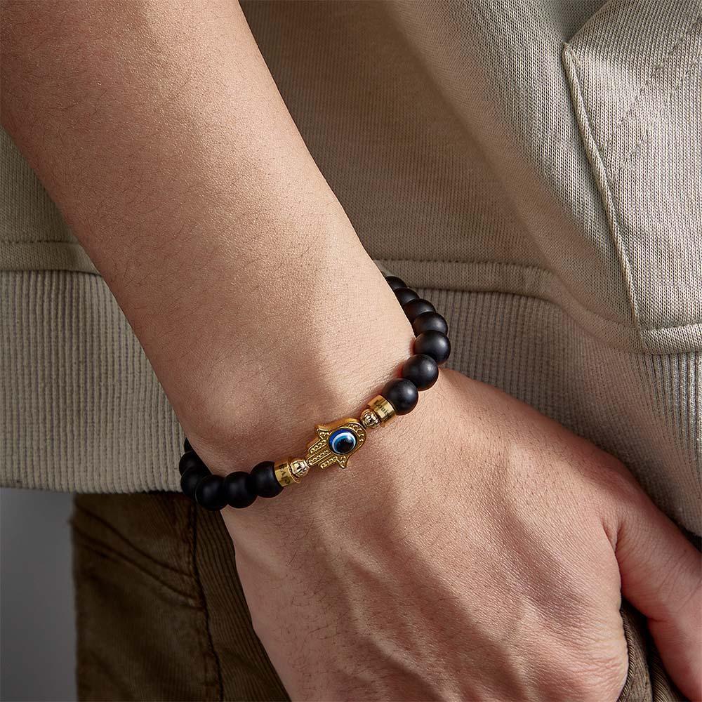 Bracelet De Perles Gravé Personnalisé Hamsa Evil Eye Bracelet Amulette Pour Hommes Pour Lui - votrecollierprenomfr