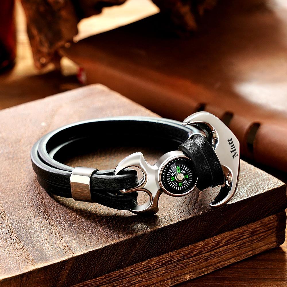 Bracelet Avec Nom Personnalisé, Ancre, Créatif, Sports De Plein Air, Boussole En Cuir - votrecollierprenomfr