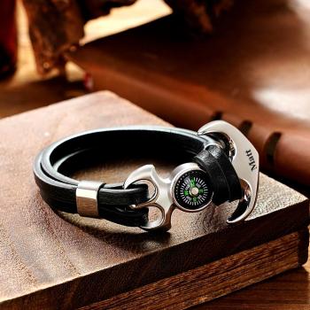 Bracelet Avec Nom Personnalisé, Ancre, Créatif, Sports De Plein Air, Boussole En Cuir - votrecollierprenomfr