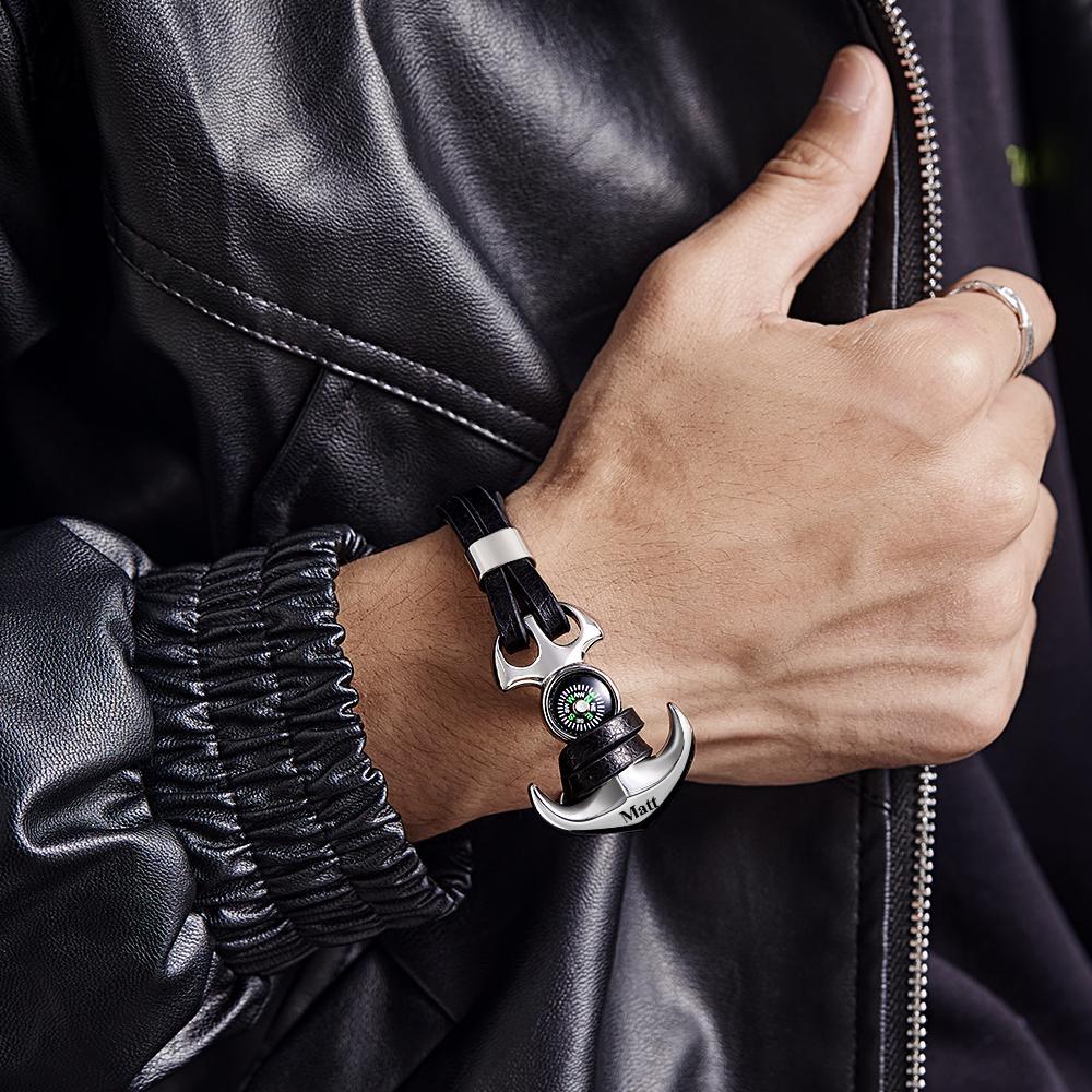 Bracelet Avec Nom Personnalisé, Ancre, Créatif, Sports De Plein Air, Boussole En Cuir - votrecollierprenomfr