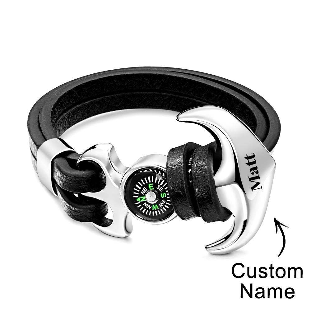 Bracelet Avec Nom Personnalisé, Ancre, Créatif, Sports De Plein Air, Boussole En Cuir - votrecollierprenomfr