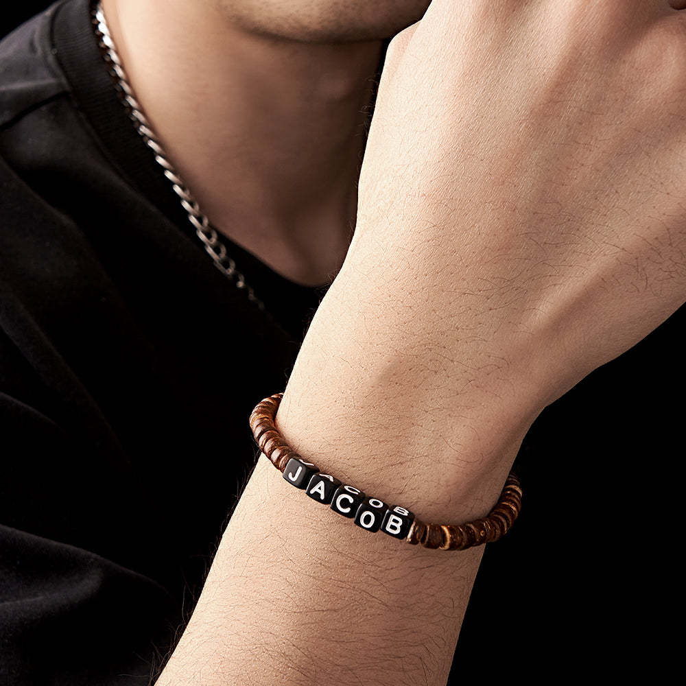 Bracelet Perlé En Bois Personnalisé Avec Nom Bracelet Rétro Cadeaux Pour Lui - votrecollierprenomfr