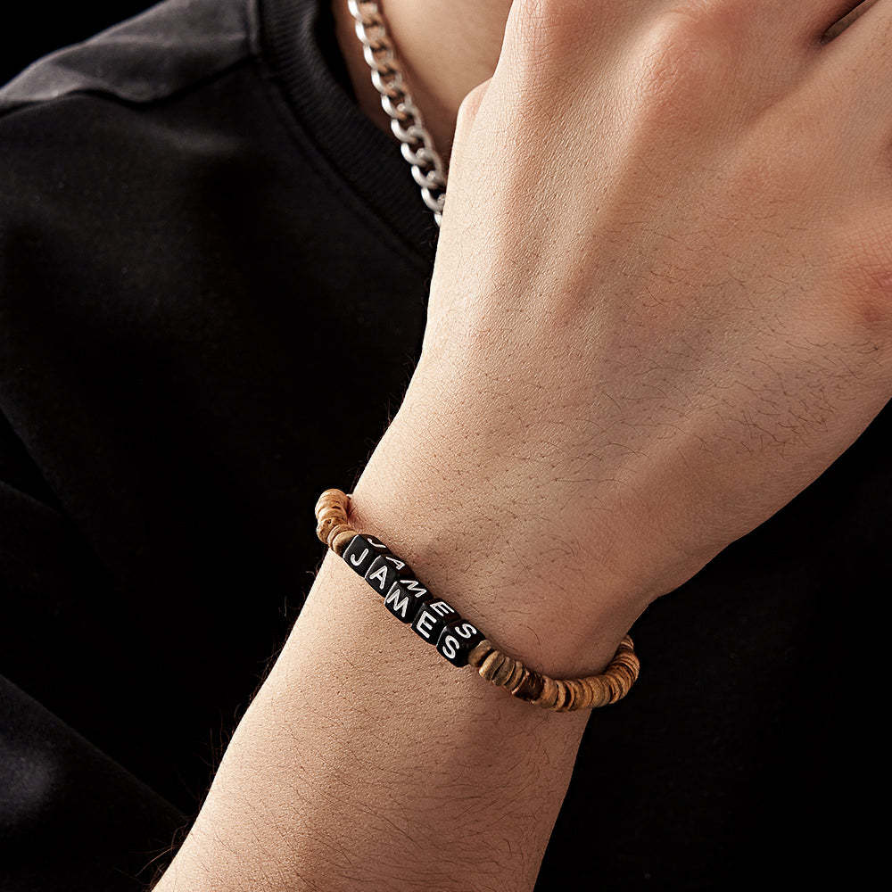 Bracelet Perlé En Bois Personnalisé Avec Nom Bracelet Rétro Cadeaux Pour Lui - votrecollierprenomfr