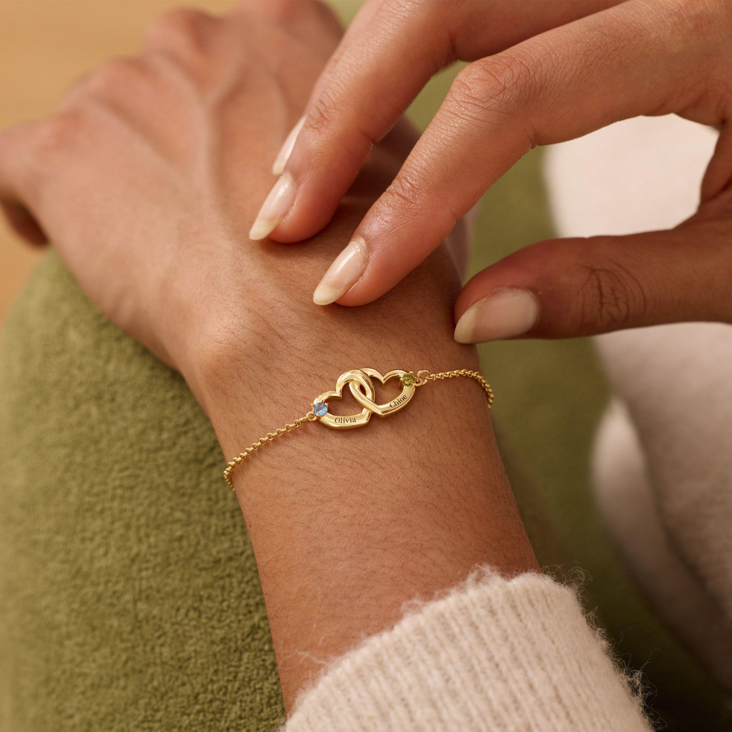 Bracelet Personnalisé Double Cœur Entrelacé Avec Nom Et Pierre De Naissance Gravée, Pour Couples Et Meilleurs Amis - votrecollierprenomfr