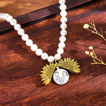 Collier Photo Personnalisé Vintage Fleur Perle Amour Cadeau - votrecollierprenomfr