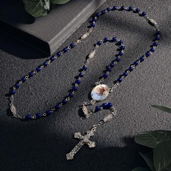 Chapelet Personnalisé Perles Croix Collier Personnalisé Bleu Perles D'imitation Collier Avec Photo - votrecollierprenomfr