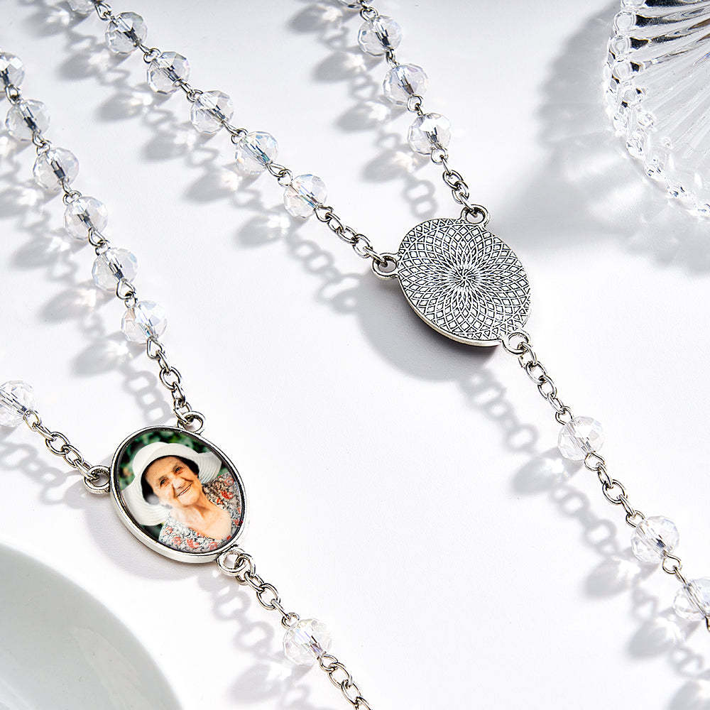 Collier De Perles De Chapelet Personnalisé, Collier De Croix En Cristal De Vitrail Blanc Personnalisé Avec Photo - votrecollierprenomfr