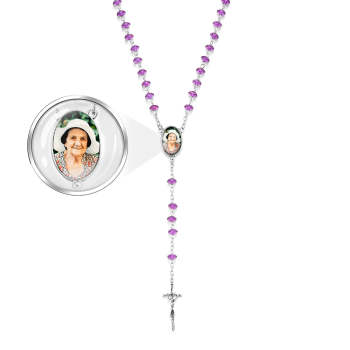 Chapelet Personnalisé En Perles, Collier Croisé, Personnalisé, Perles Plates Violettes, Avec Photo - votrecollierprenomfr