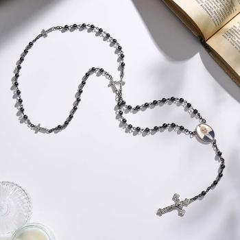 Collier De Croix De Perles De Chapelet Personnalisé, Collier De Croix De Calcul Biliaire Noir Personnalisé Avec Photo - votrecollierprenomfr