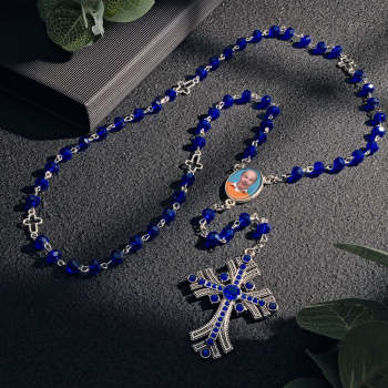 Chapelet Personnalisé En Perles, Collier Croisé, Collier De Perles Bleues Gothiques Personnalisé Avec Photo - votrecollierprenomfr
