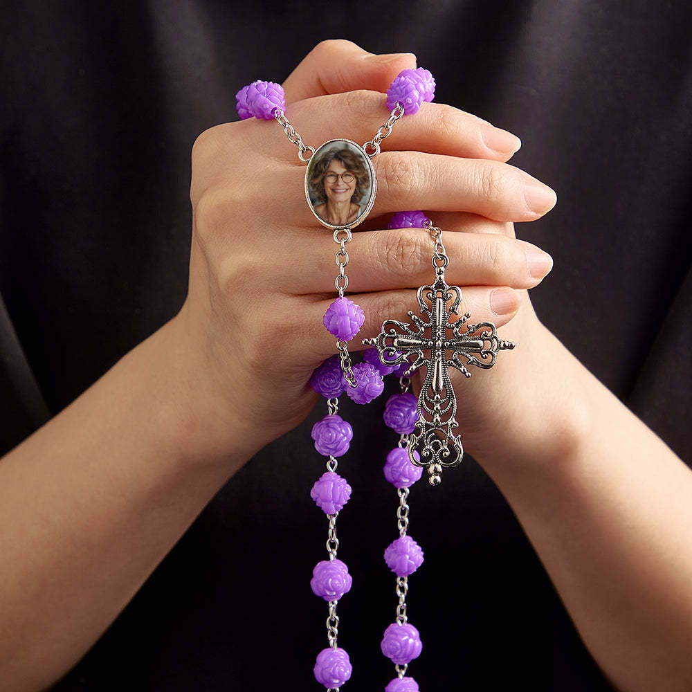 Chapelet Personnalisé En Perles, Collier Croisé, Collier Rose Violet Double Face Personnalisé Avec Photo - votrecollierprenomfr