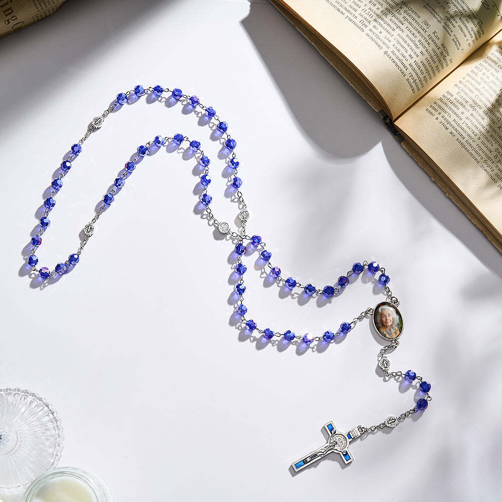 Collier Chapelet Personnalisé En Perles Et Croix, Collier Personnalisé En Cristal Bleu Avec Photo - votrecollierprenomfr